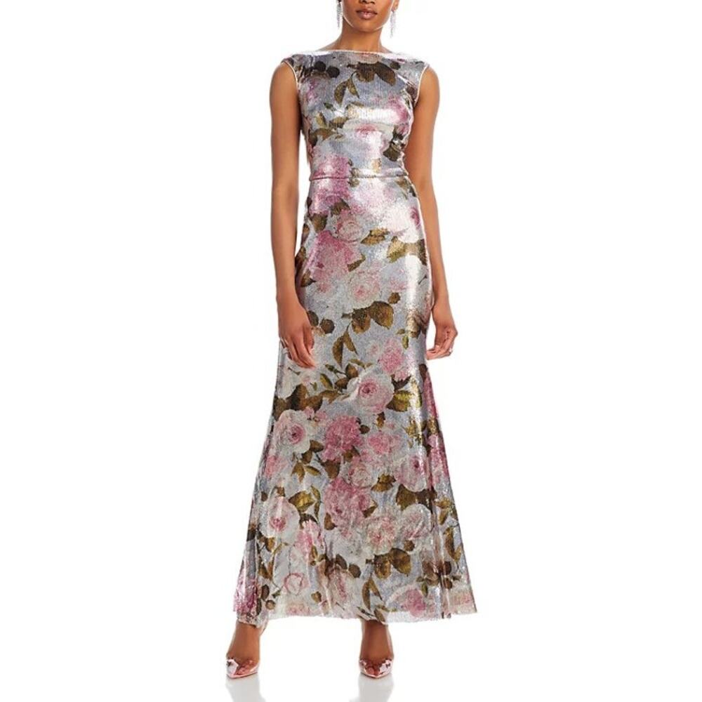 Eliza J Silver Sequin Floral Print Sleeve Boat Neck Bodycon Evening Gown Size 6